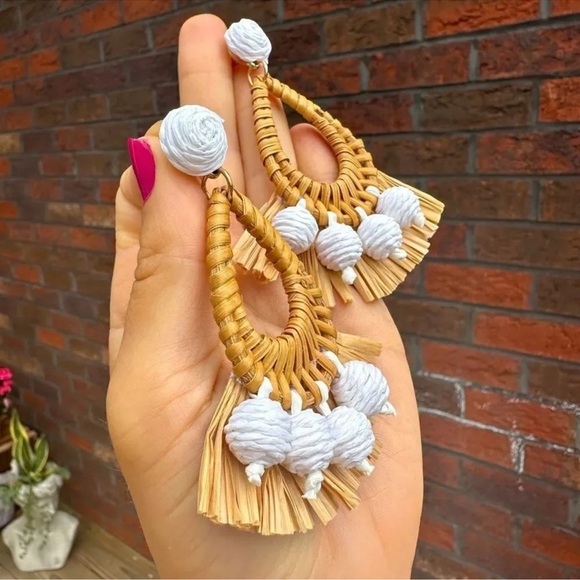 Mykonos Bohemian Raffia Rattan Breaded Earrings - Picture 2 of 6